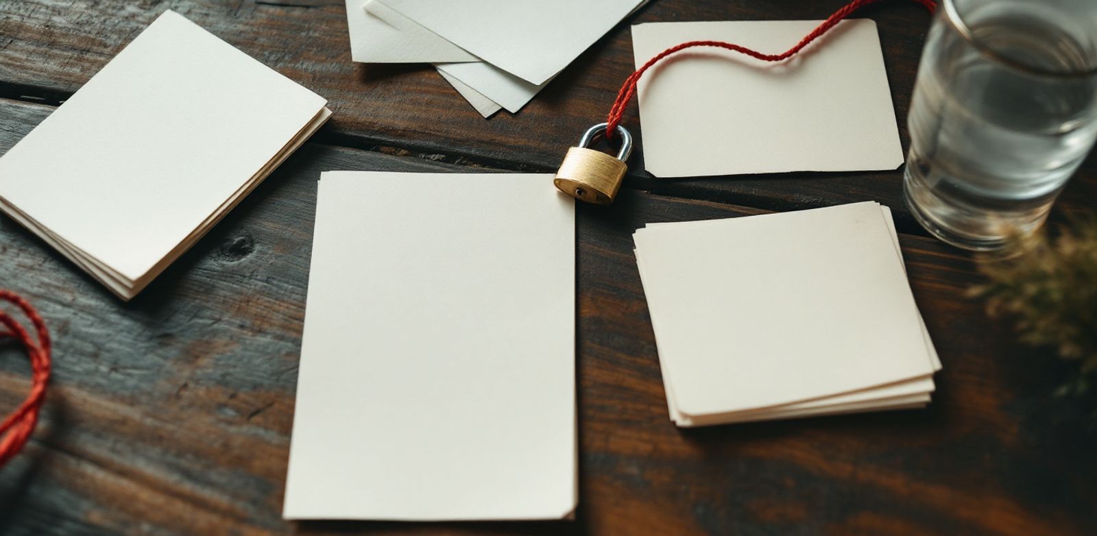 Blank cards, a padlock, and red string on a wood table.