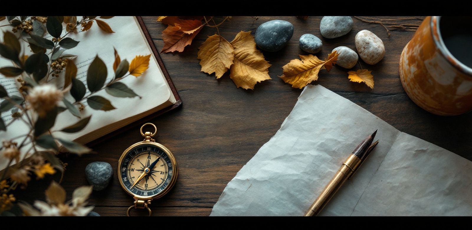 Brass compass with polished stones, dried leaves, and a ceramic cup on a walnut desk.