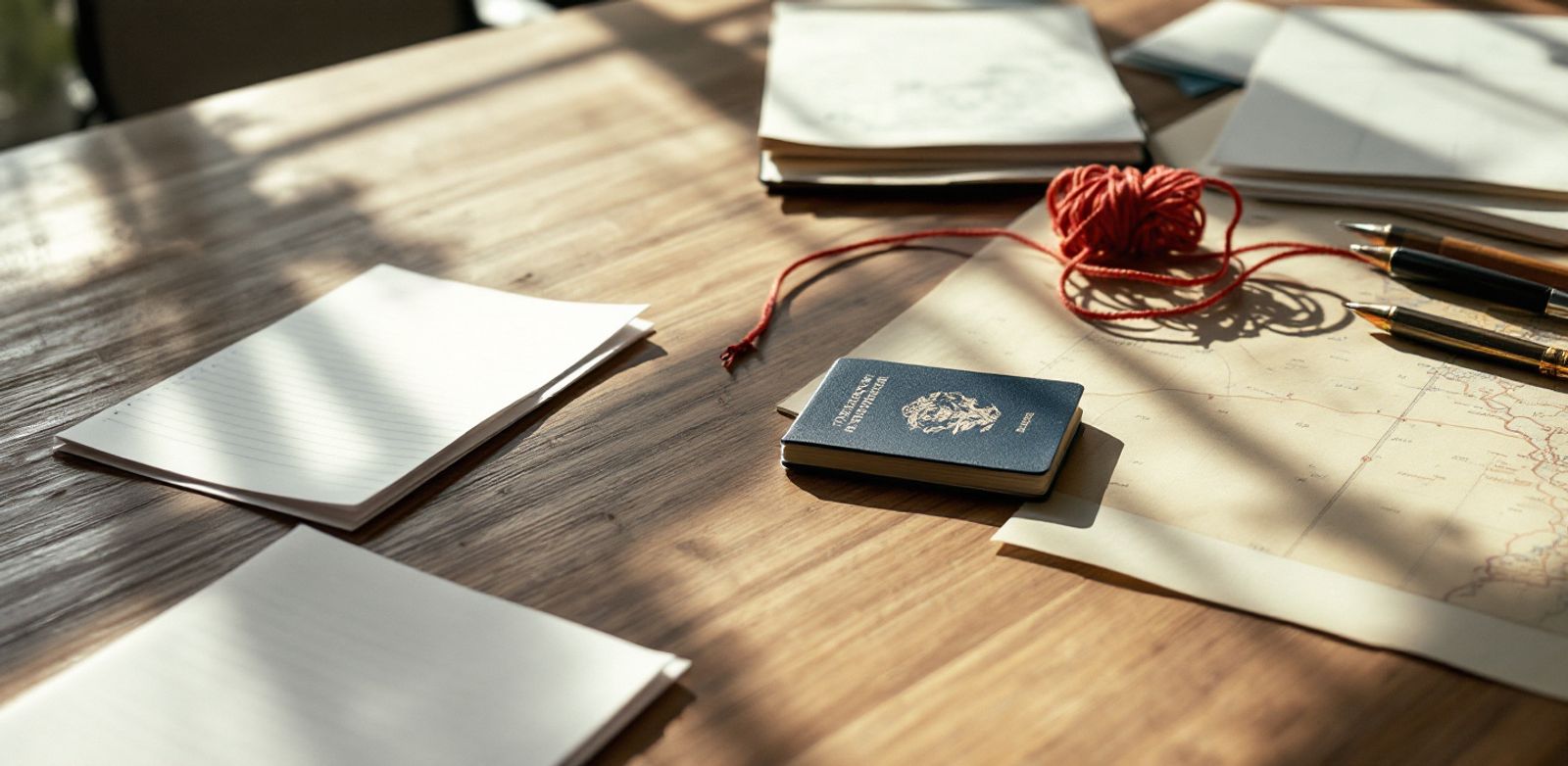 Blank cards and a passport on a conference table.