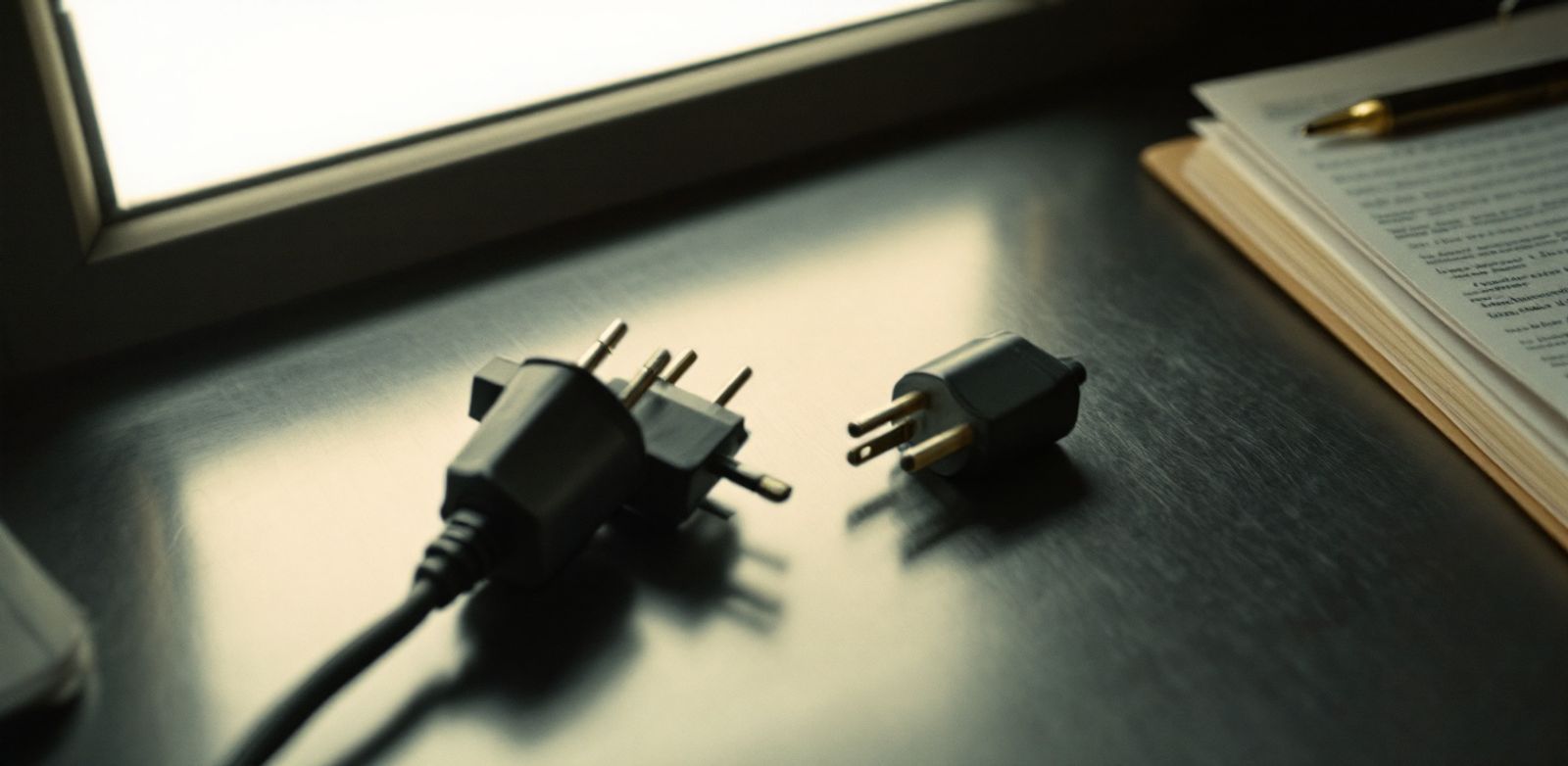 Mismatched plugs and a legal folder on a steel desk.