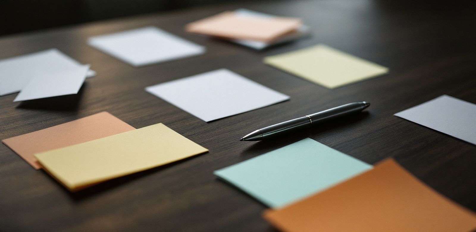 Blank planning cards and sticky notes arranged on a conference table.