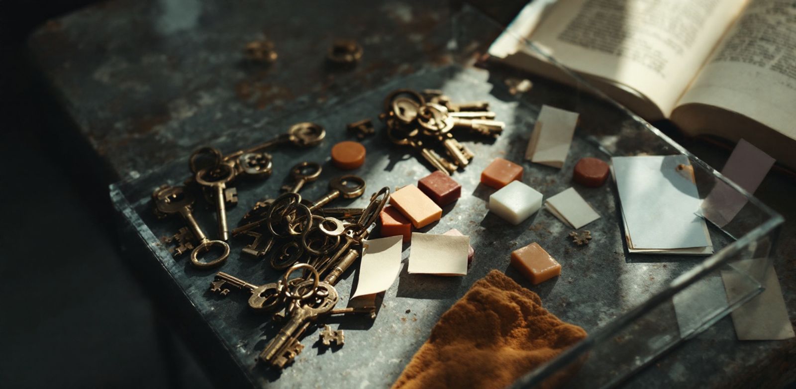 Glass box with brass keys and colored flags on a concrete table