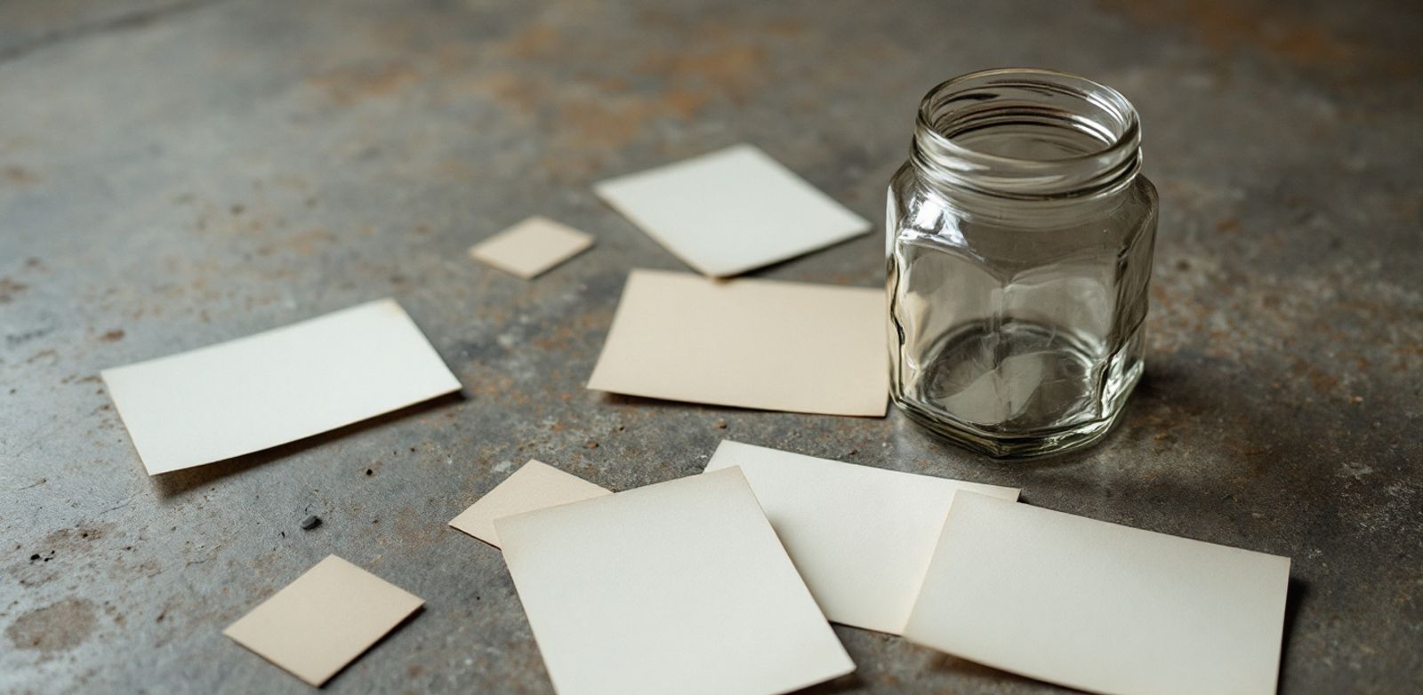 Blank index cards scattered beside an empty glass jar, representing demand capture without brand pull.