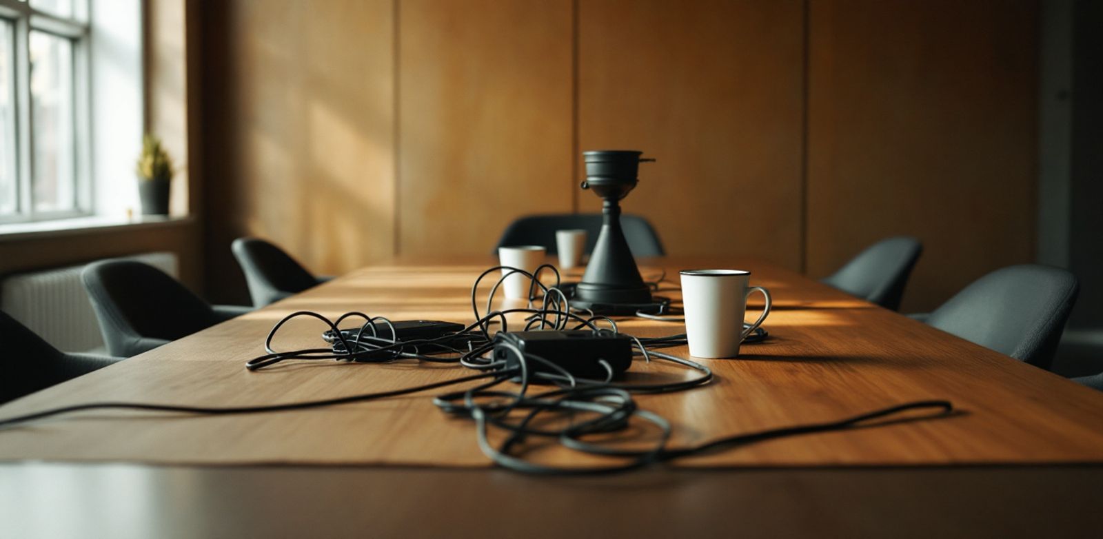 Empty conference room table with tangled cables and coffee cups after a failed sales meeting.