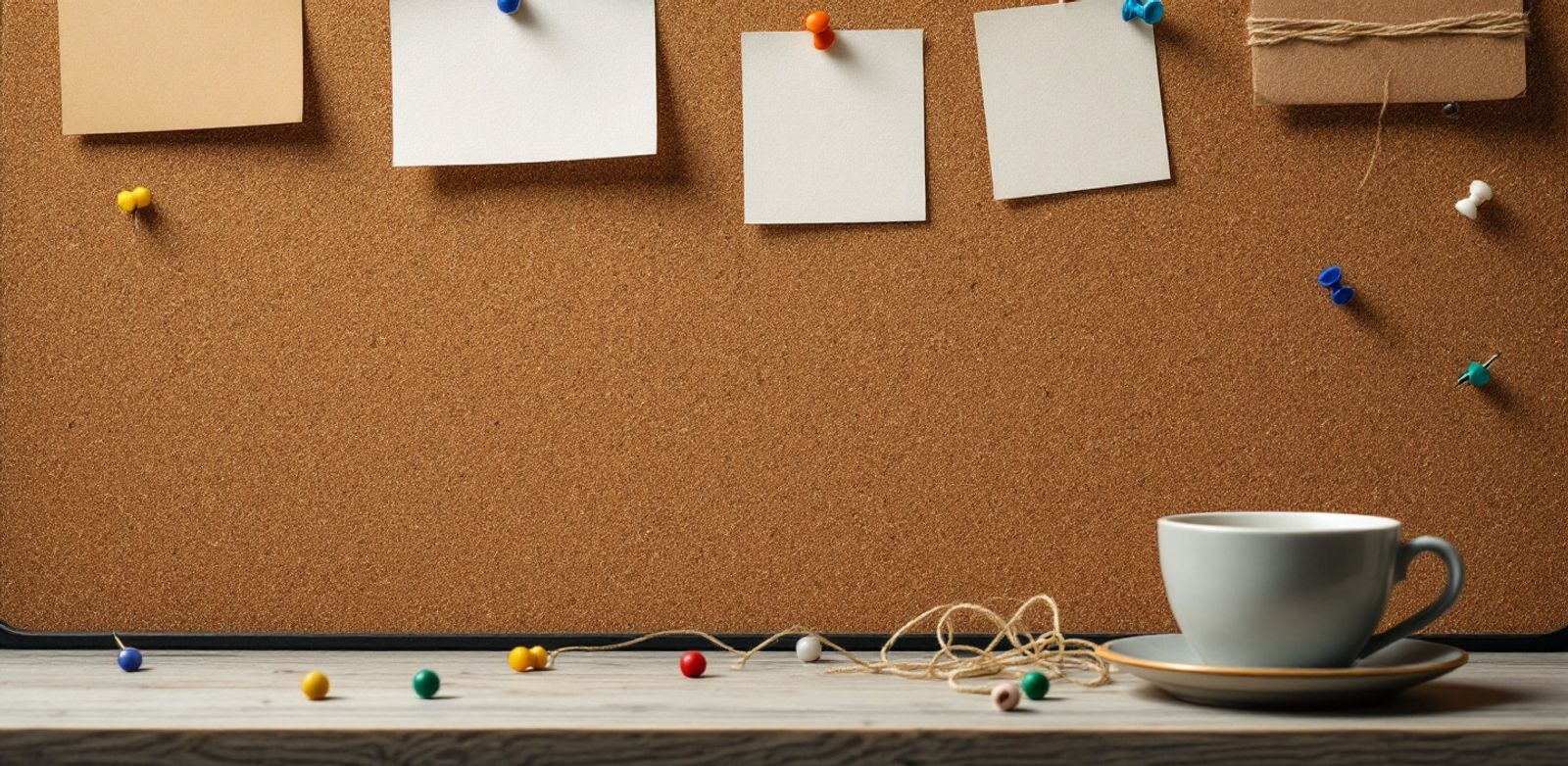 Blank cards connected with string on a corkboard beside a coffee cup