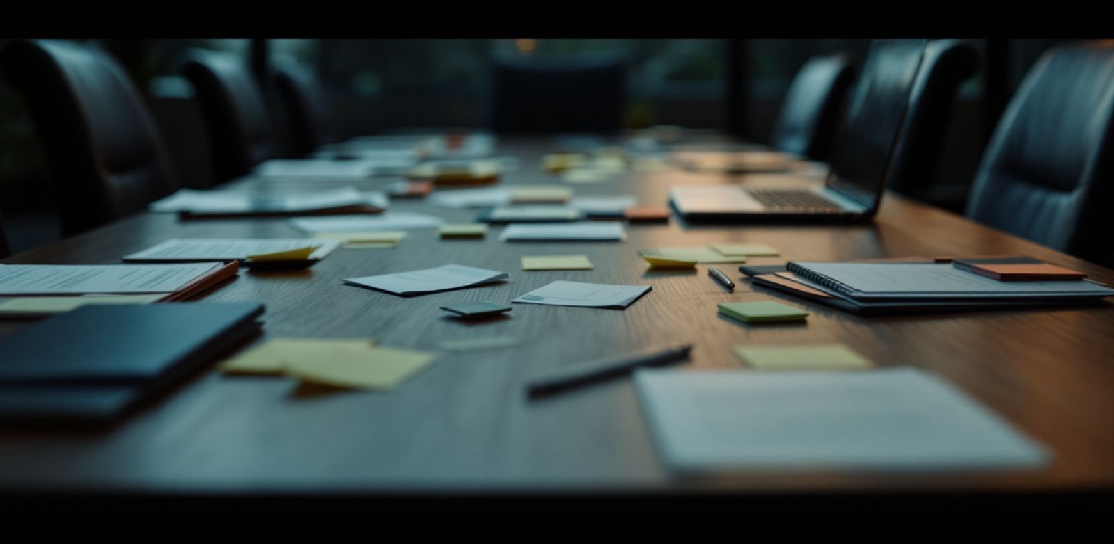 Empty conference table with notes and folders after a renewal review