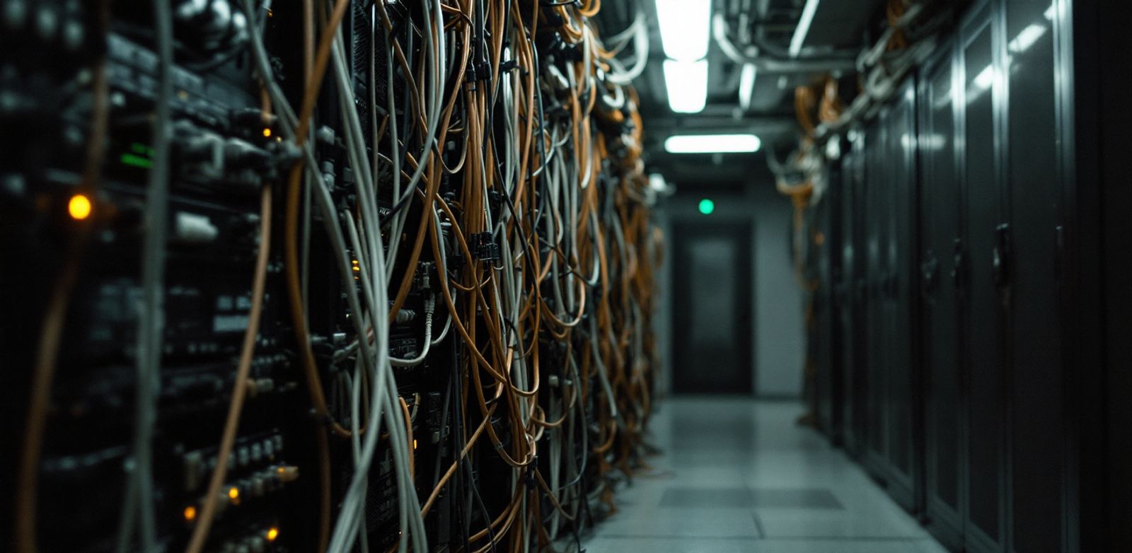 A server rack aisle with tangled cables, an unplugged monitor, and a green status light.