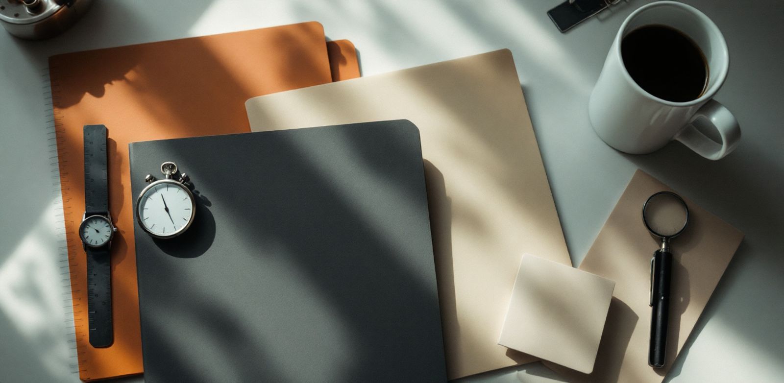 Unmarked clinic folders beside timing tools and cold coffee.