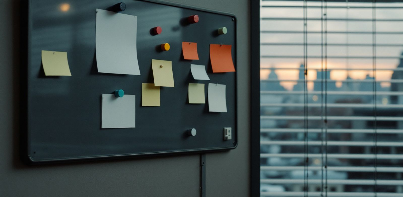 Blank planning wall with magnets, sticky notes, a sealed folder, and dusk light