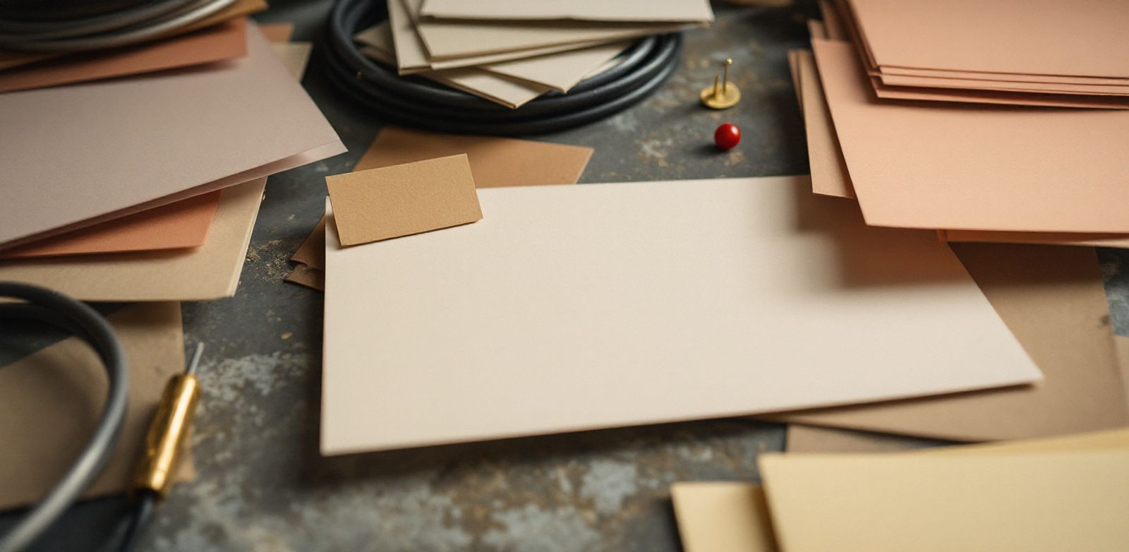 Color-coded blank index cards, cable coils, and brass pushpins on a concrete office floor.