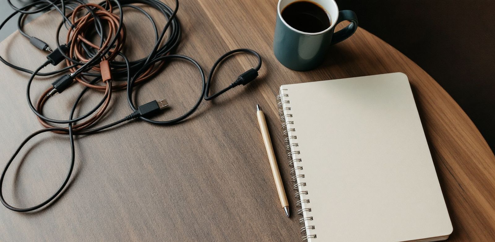 Charging cables beside a coffee cup on an airport lounge table.