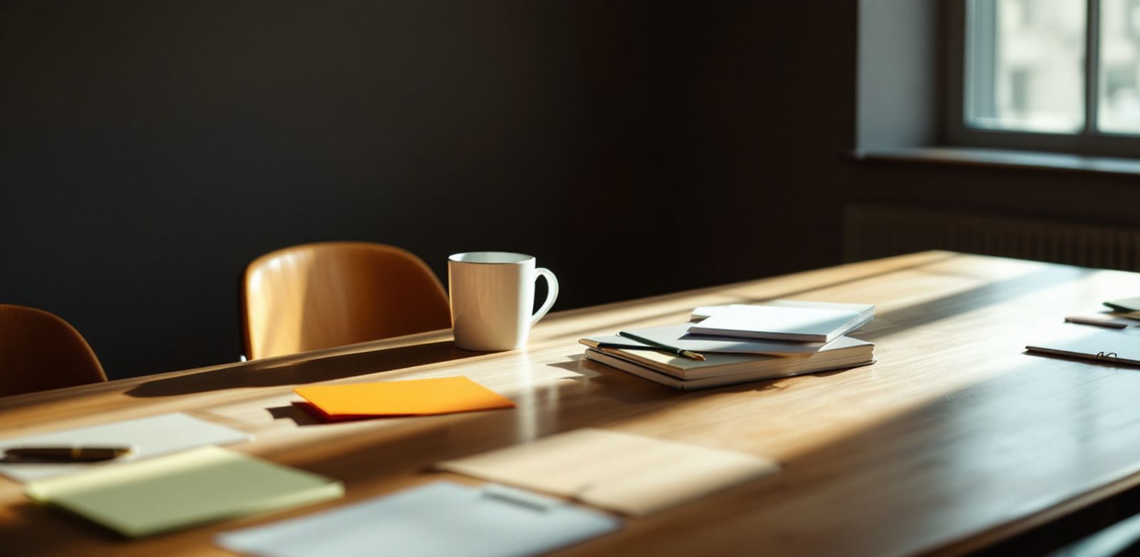 An empty conference table with index cards, a mug, and cable coils