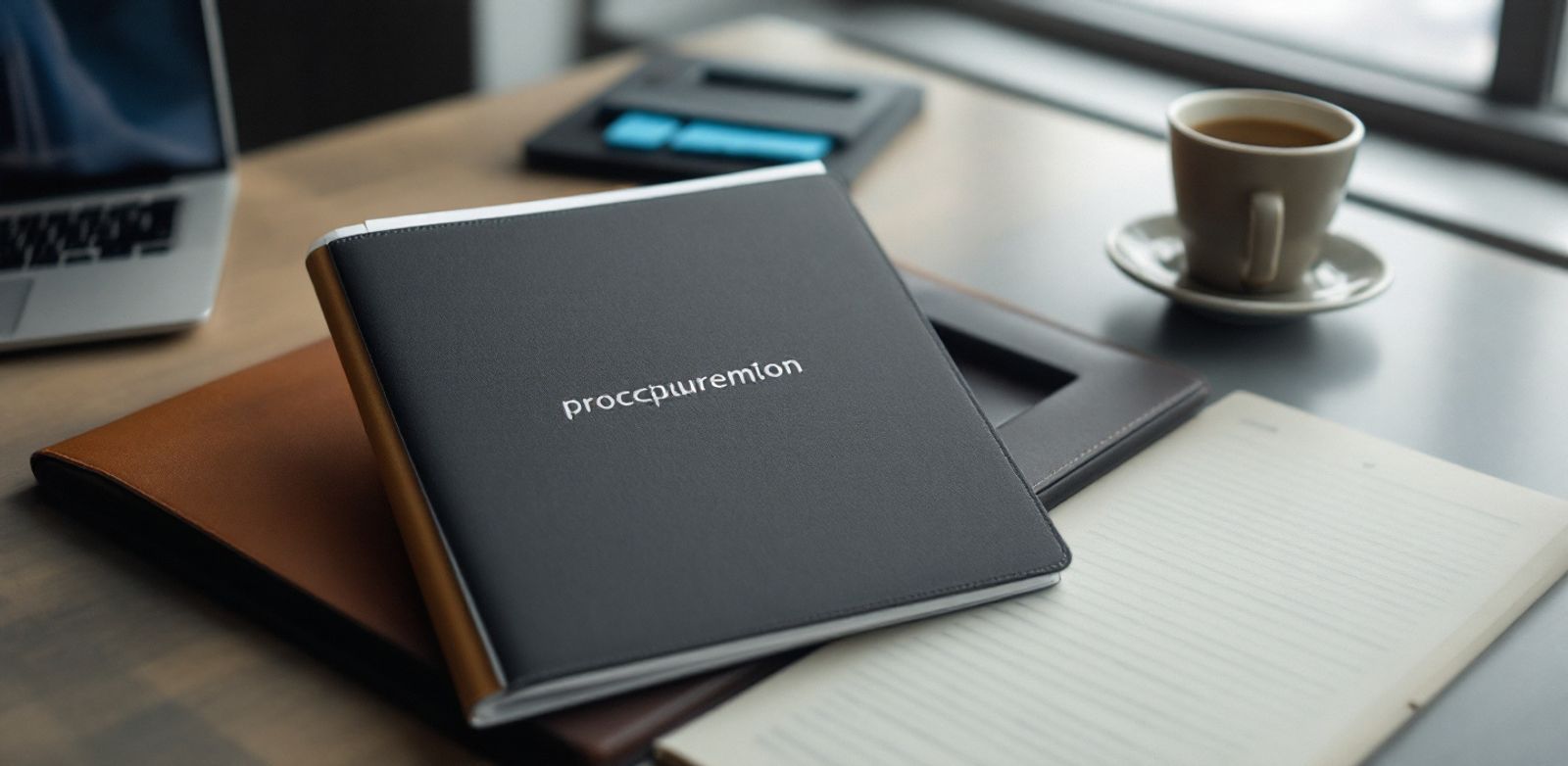 A procurement folder with tabs beside a laptop sleeve near an airport lounge window