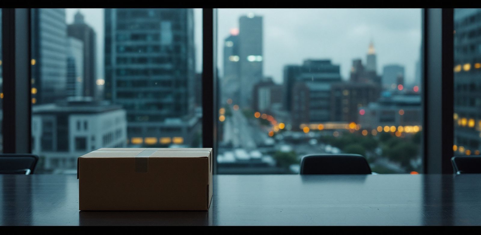 Sealed cardboard box on a conference table with a rainy city skyline beyond.