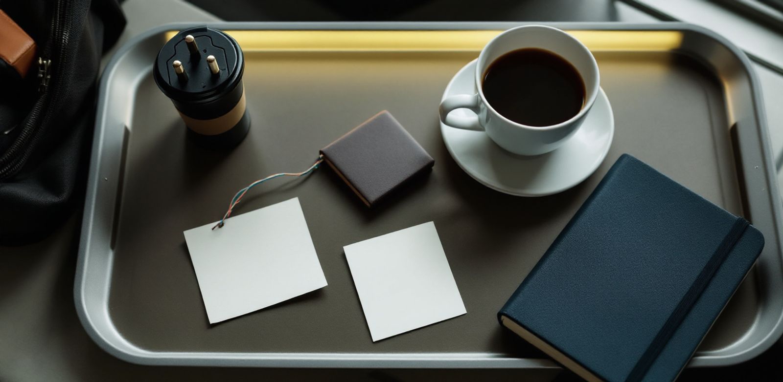 An airport tray holding an adapter plug, blank luggage tag, cold coffee, and folded navy notebook.