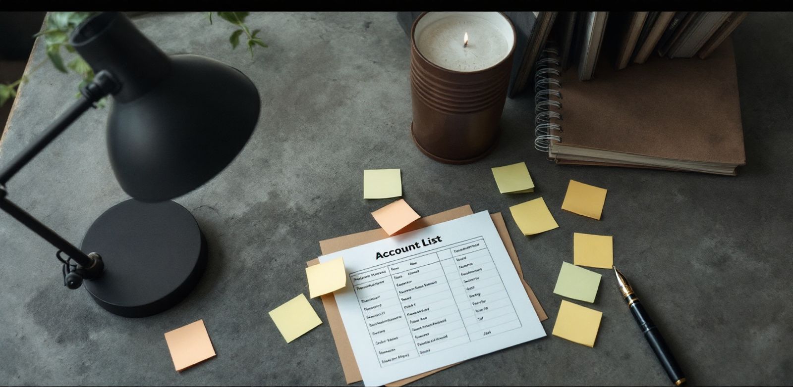 A concrete desk with sticky notes, an account list, a fountain pen, and a desk lamp