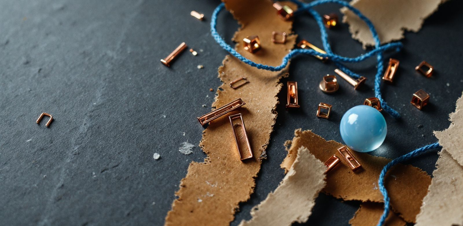 Colored pushpins, thread, scissors, and blank folders on a cork surface.