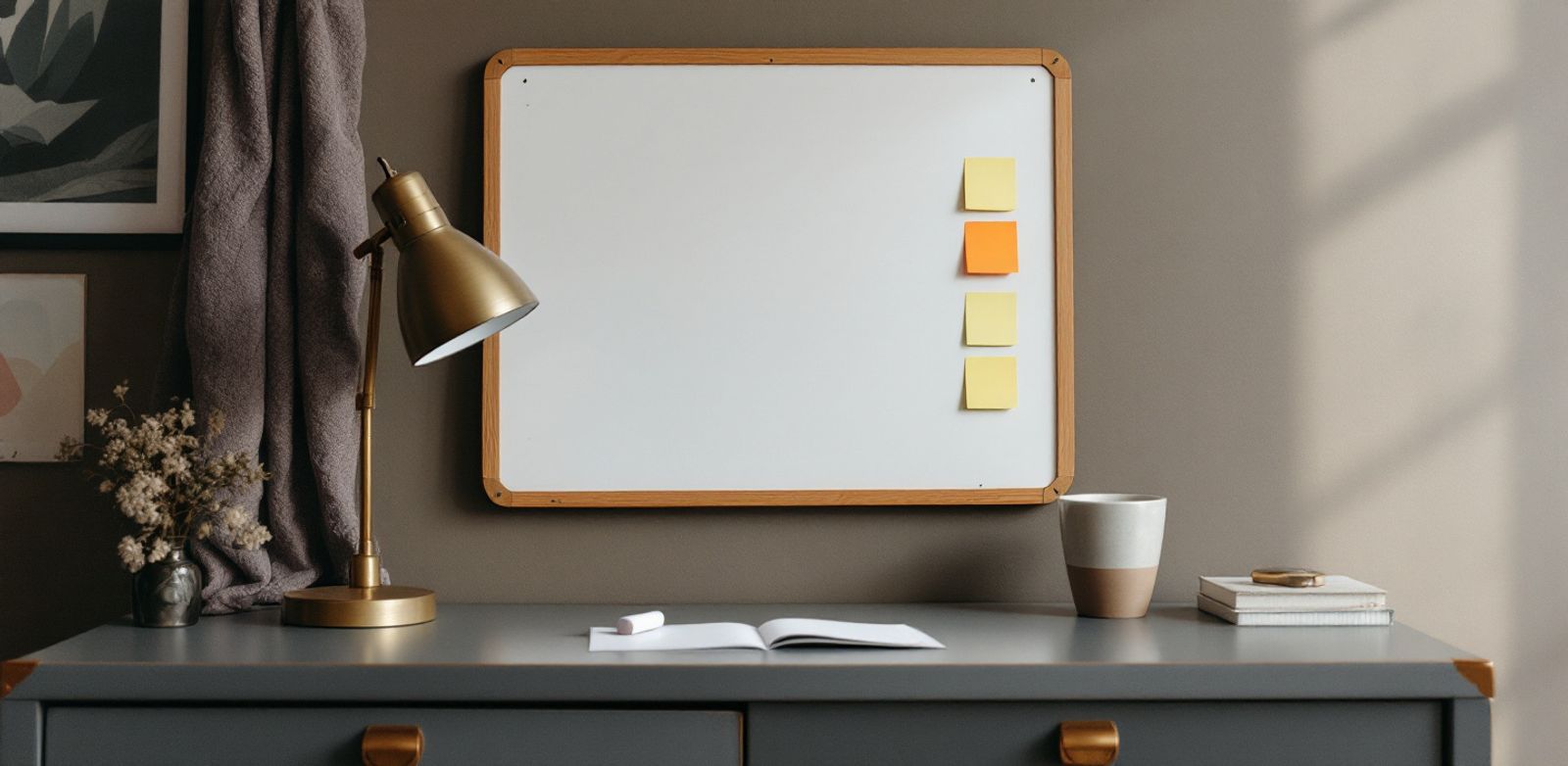 Whiteboard eraser, blank sticky notes, brass desk lamp, and ceramic cup on a steel cabinet.