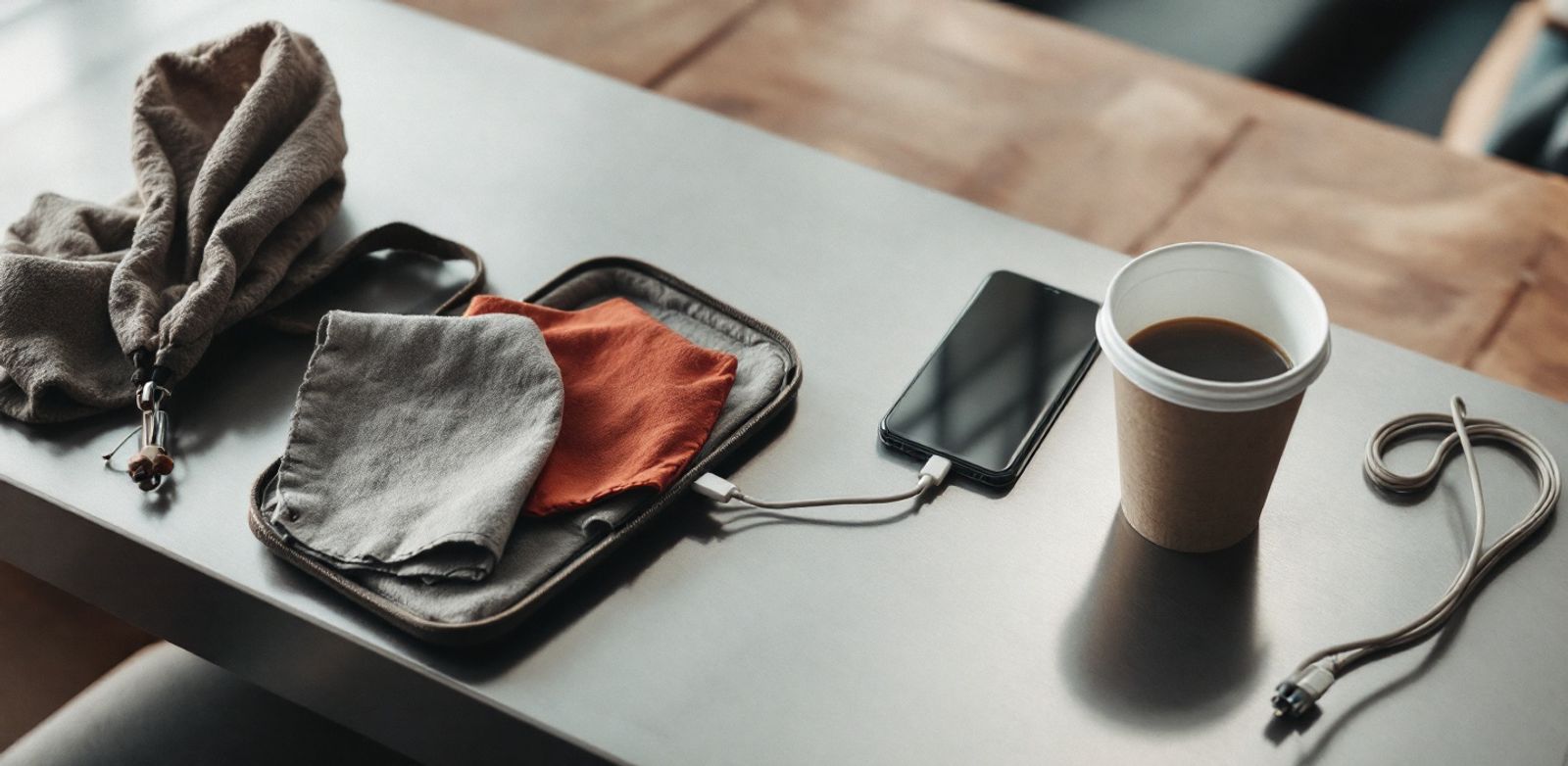Stainless airport table with a cloth lanyard, closed glasses case, paper cup, and coiled charging cable.