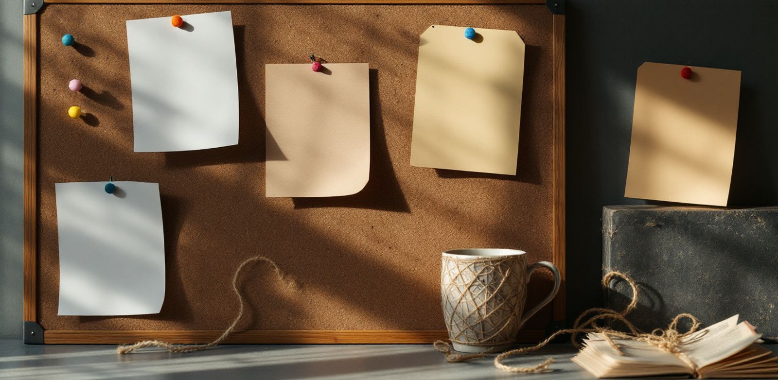 Blank cards, pins, yarn, and a coffee cup on a corkboard