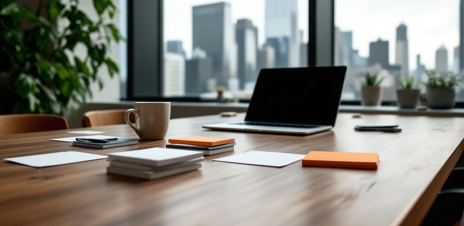 Conference table with blank pricing cards, a closed laptop, mug, and city skyline beyond glass