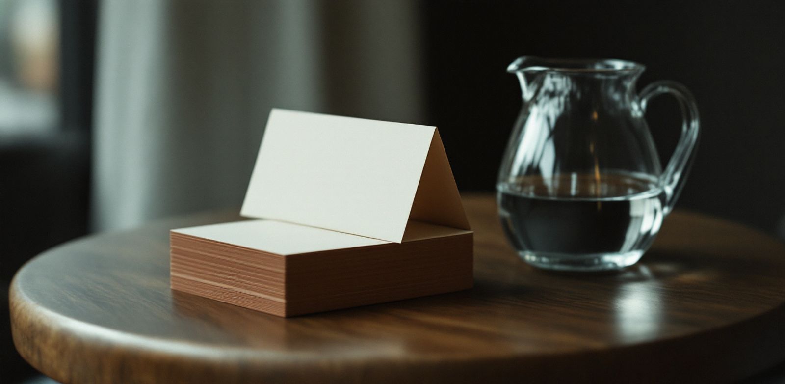 Blank place cards and a water pitcher on a restaurant table