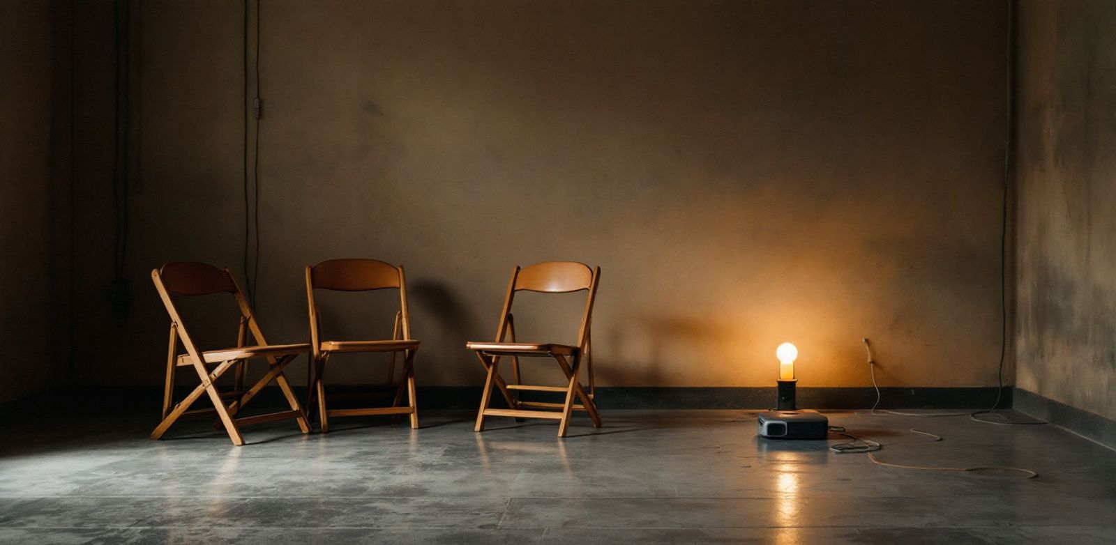 Empty folding chairs under plain projector light on a concrete floor.