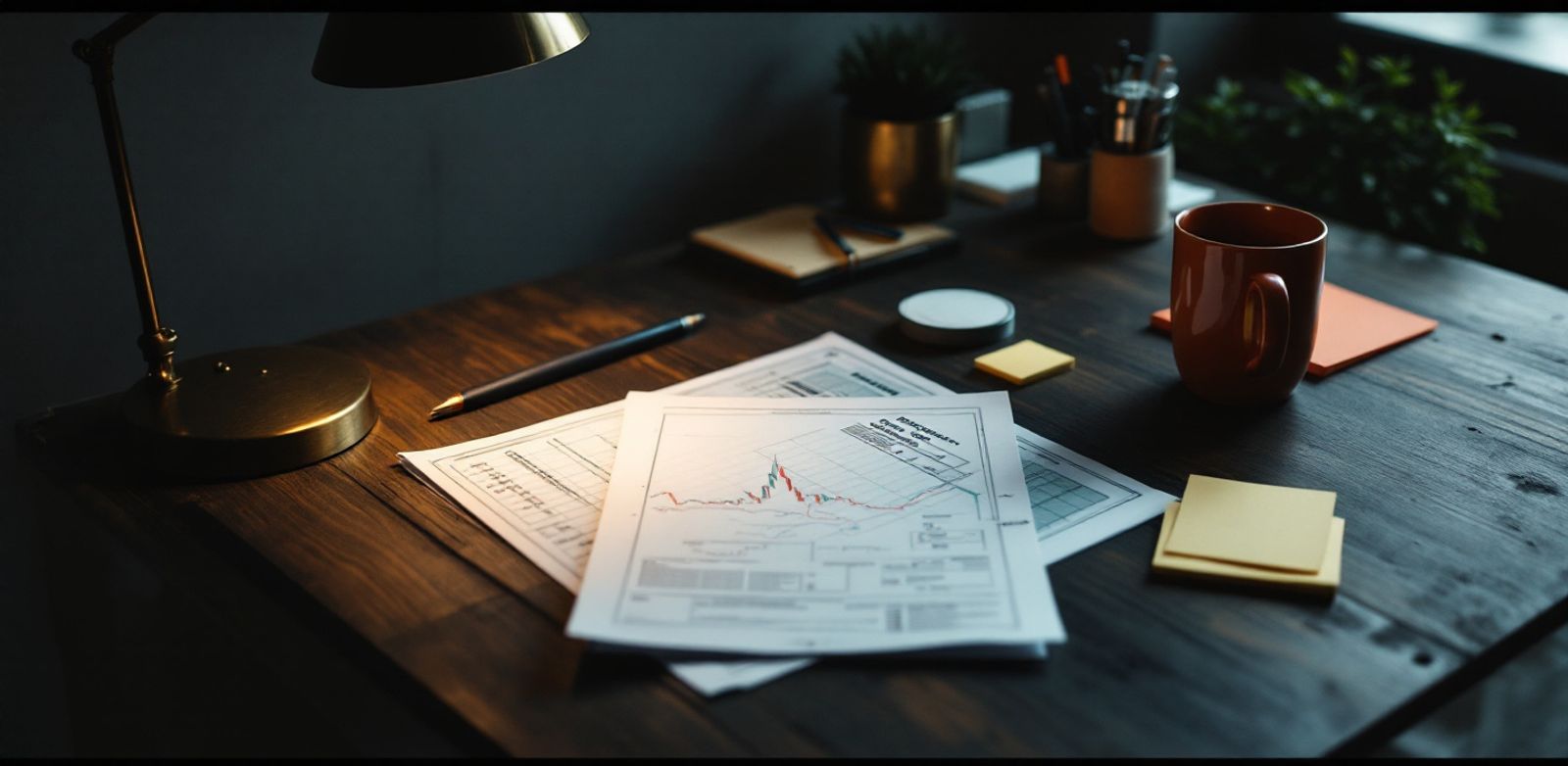 Office desk with a paper account map under a brass lamp.