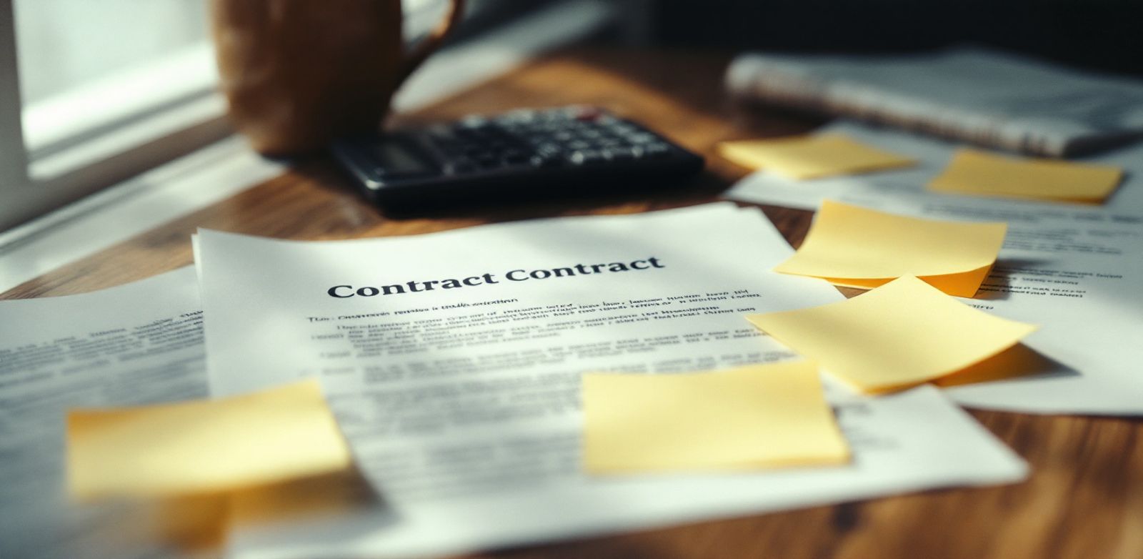 Sales planning materials with notes, contract pages, and calculator on a table