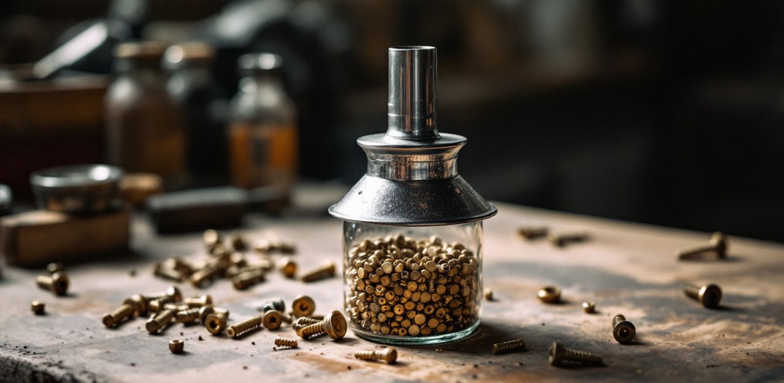 A steel funnel over a glass jar with brass screws on a workshop table.