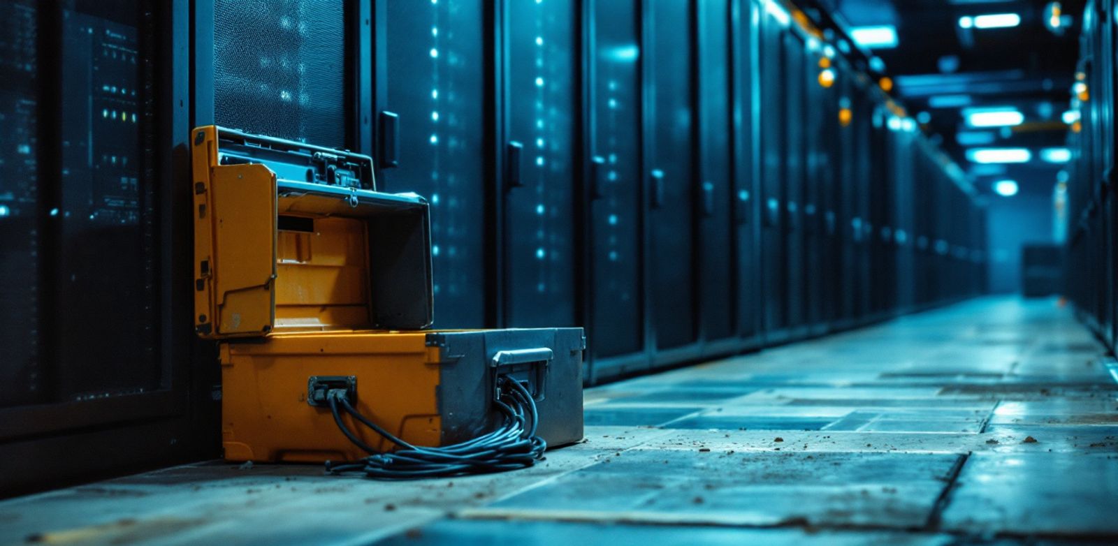 A quiet server rack aisle with an open toolbox, Ethernet cables, dust, and blue warehouse light.