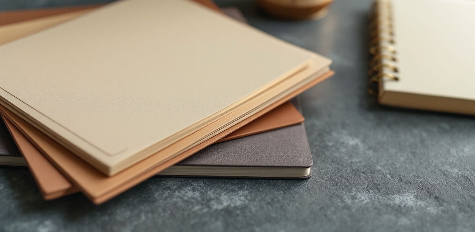 Blank folders and paper clips arranged on a gray desk.