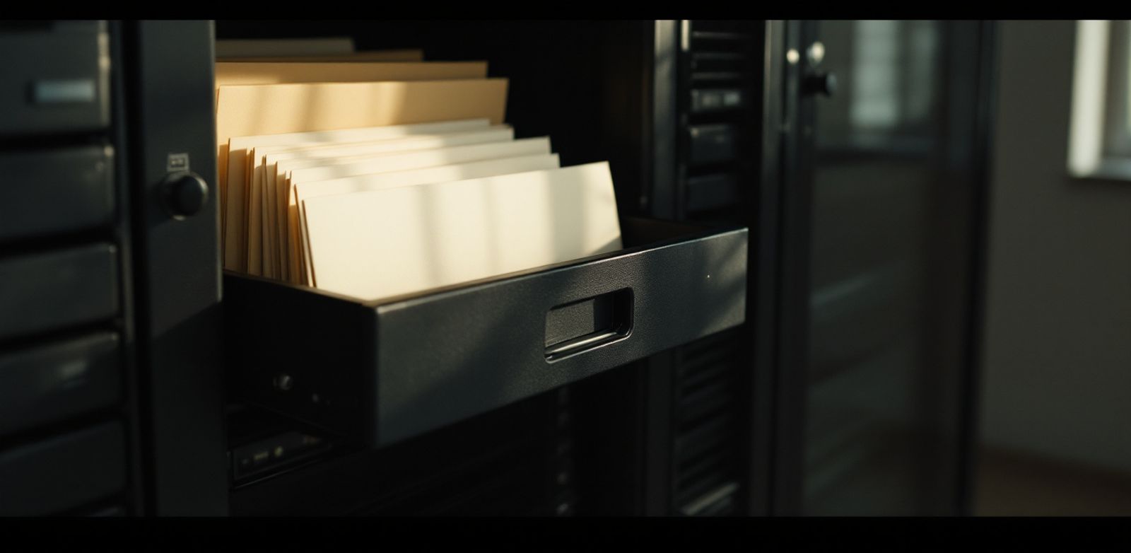Paper envelopes near a server rack, representing email infrastructure and outbound risk