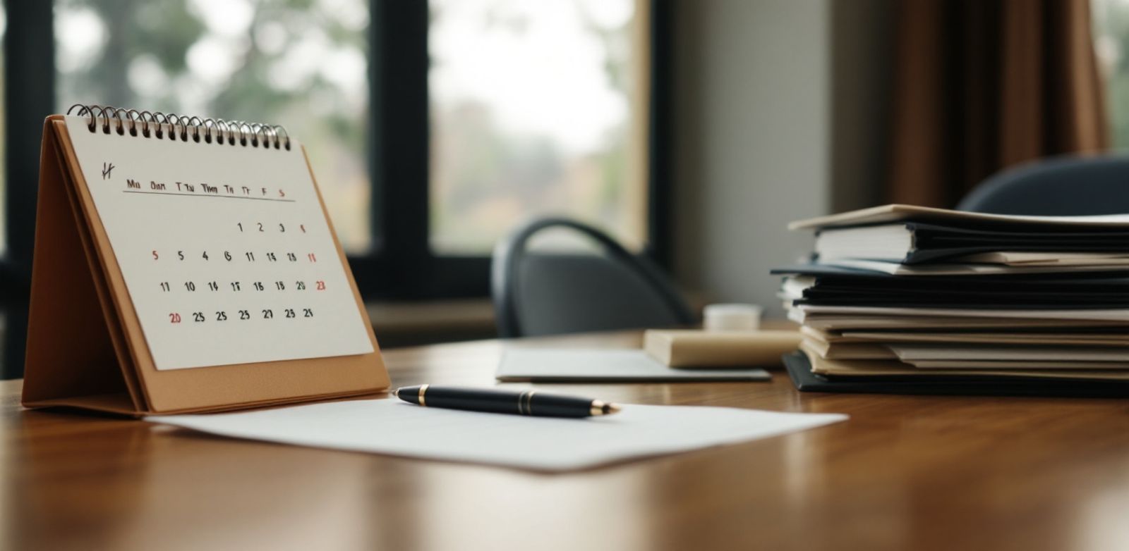 A marked calendar, capped pen, and folders on a conference table for deal planning
