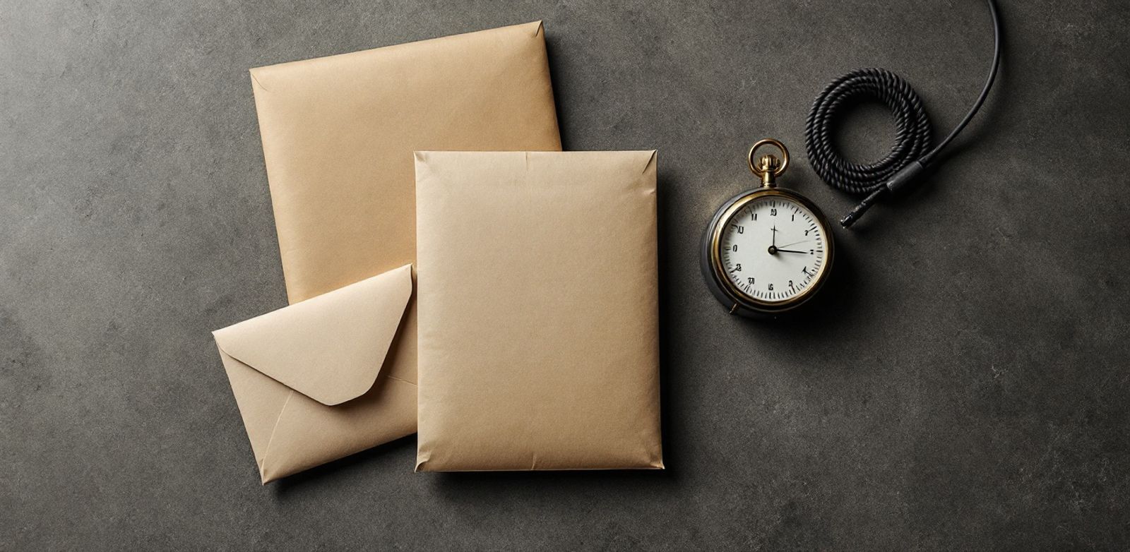 Sealed envelopes, a brass metronome, and a coiled network cable on concrete.