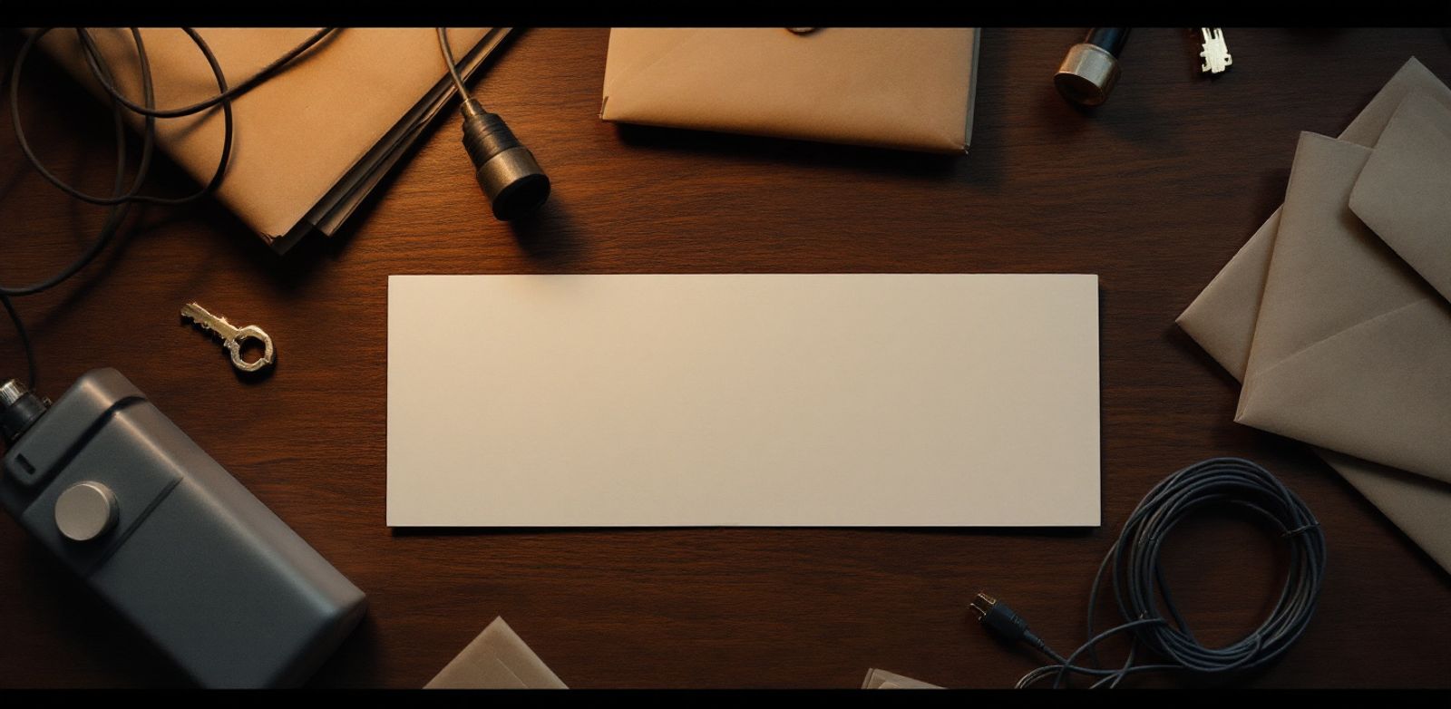 Blank access cards, cables, metal key, and envelopes on a walnut desk.