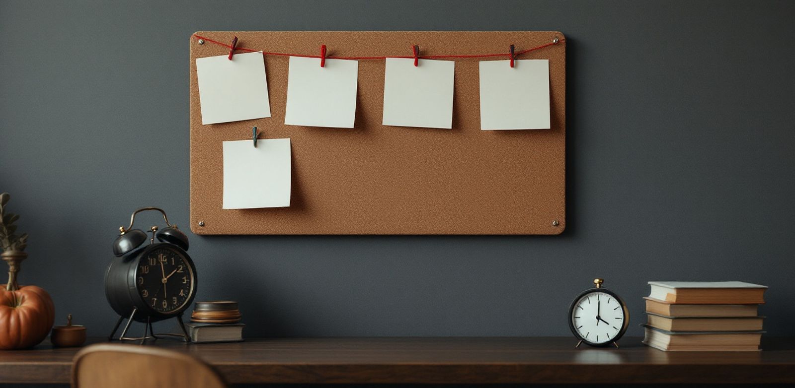 Corkboard with blank index cards, red string, timer, and desk arranged for research