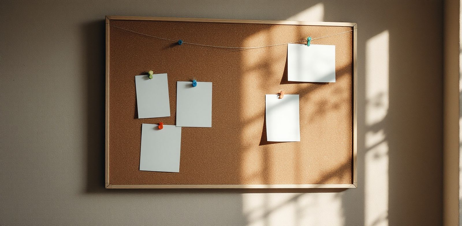 Corkboard with blank cards and colored pins connected by string.