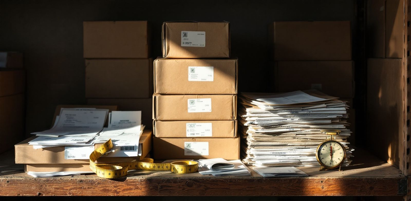 Stacked boxes, receipts, measuring tape, and a brass scale on a warehouse shelf.