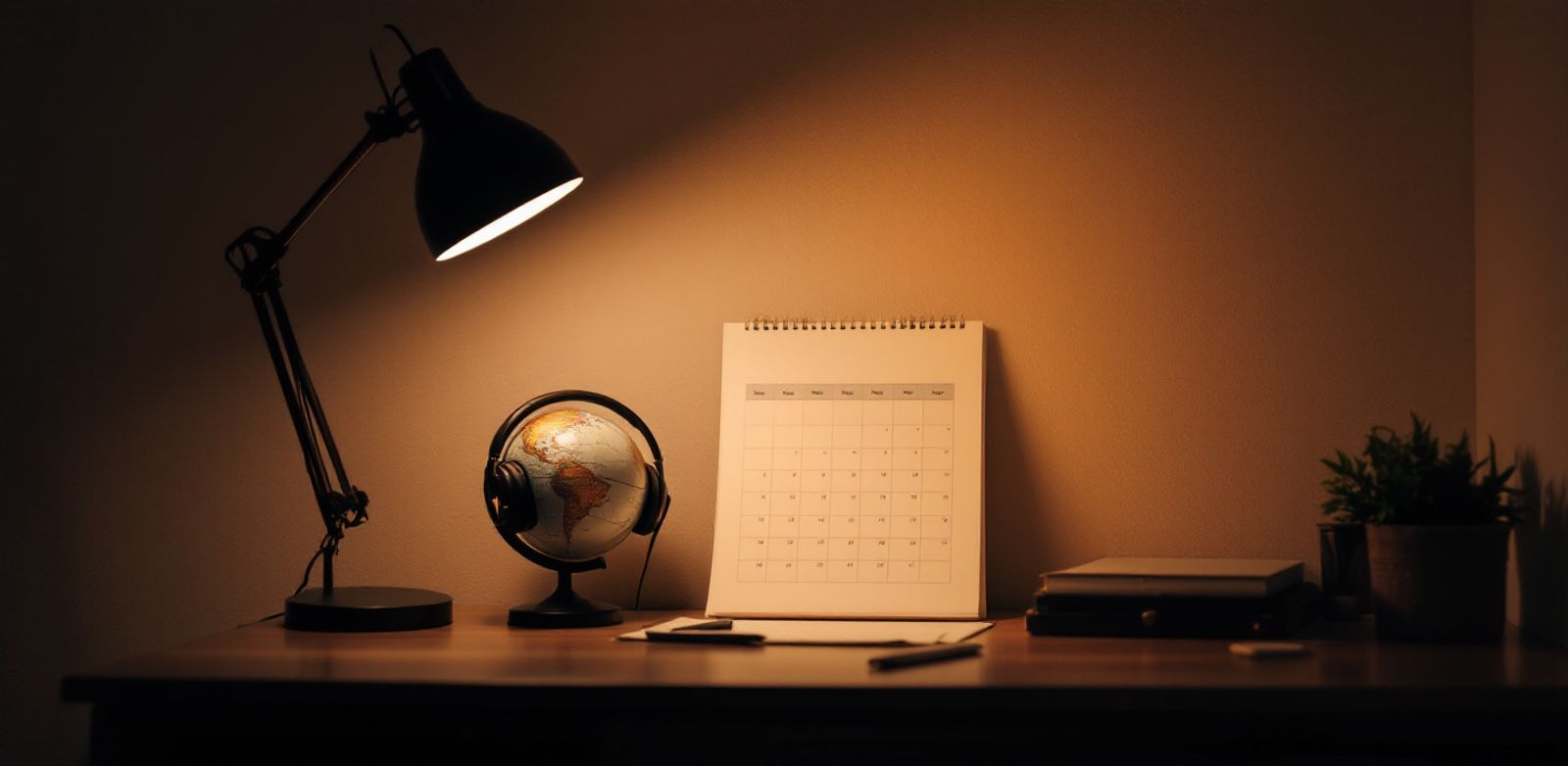 Headset, small globe, blank calendar grid, and warm lamp on a night desk.