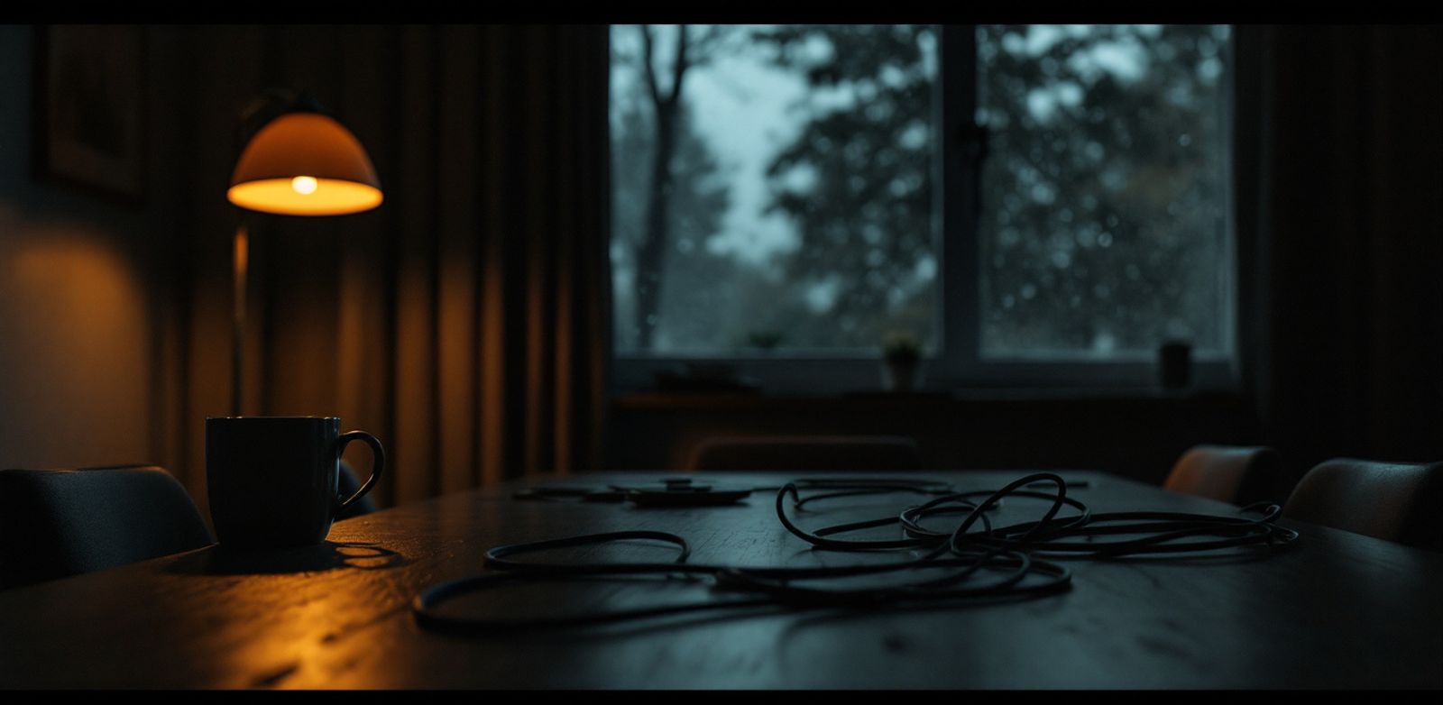 An empty conference room after midnight with cables, a coffee mug, and rain on the window