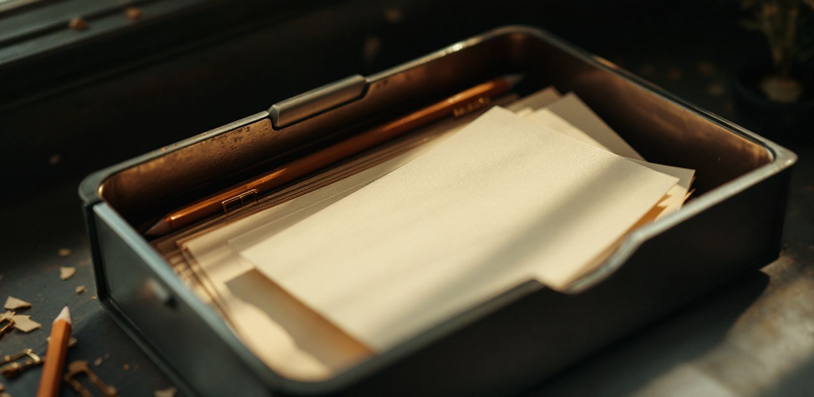 A filing tray with blank call sheets and pencil shavings.