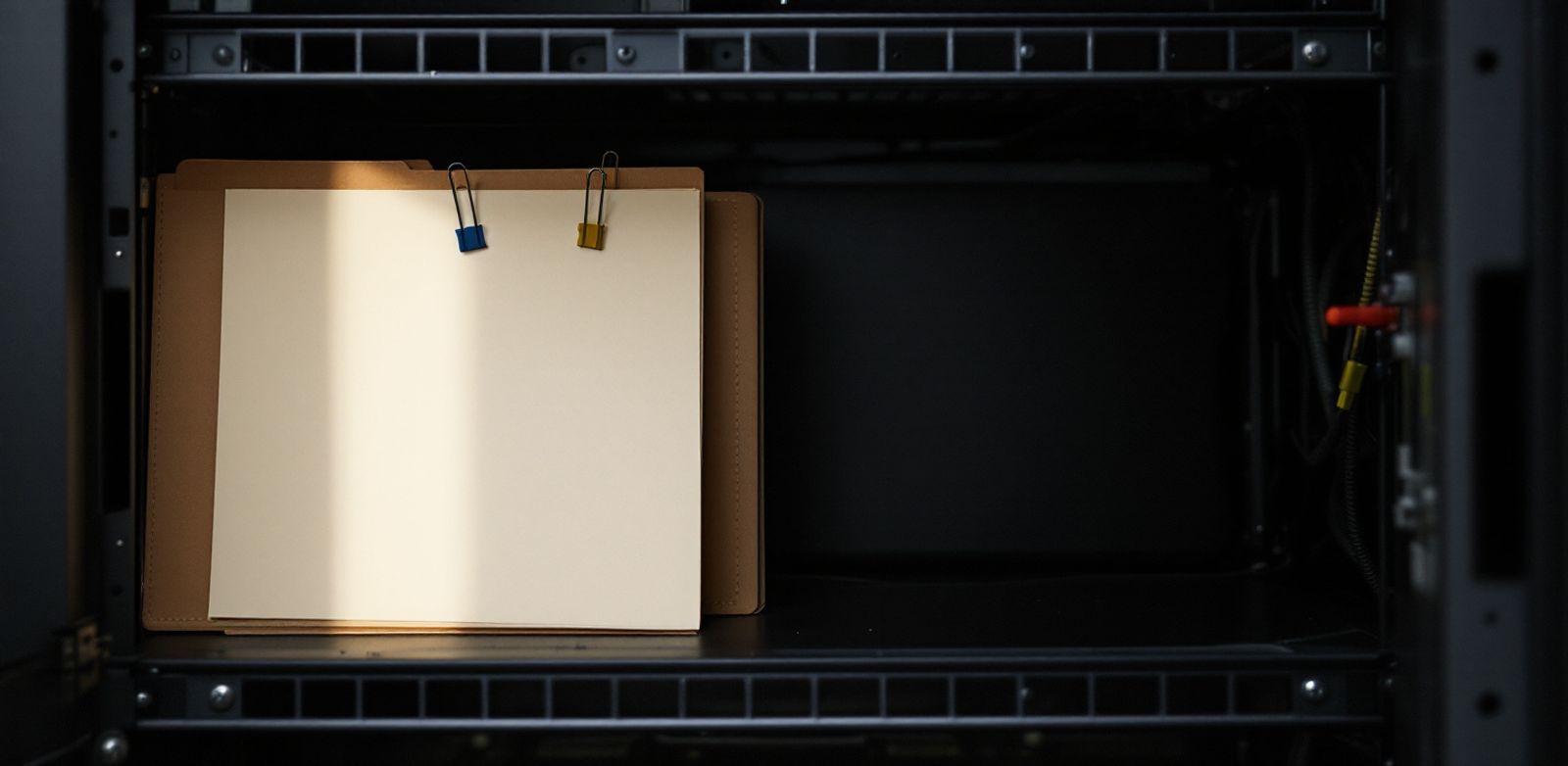 A blank folder with colored clips on a shelf near an open server closet.