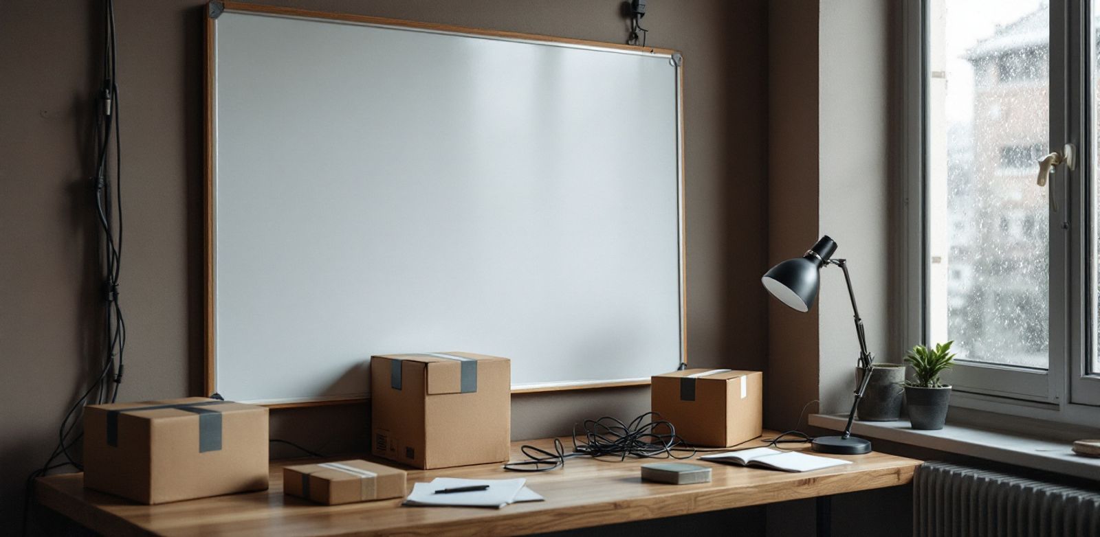Shipping boxes beside a turned-away whiteboard, tangled cables, a desk lamp, and rainy window.