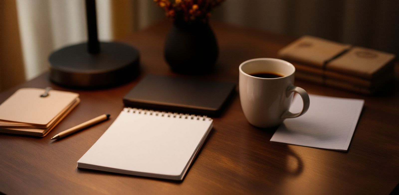 A hotel desk arranged for notes after a sales trip.