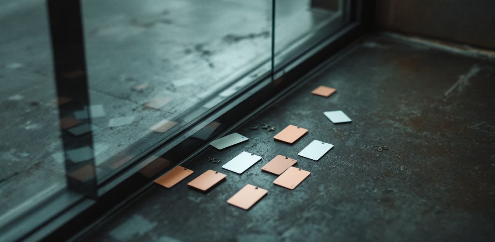 Locked glass office door with keycards arranged on a concrete floor.