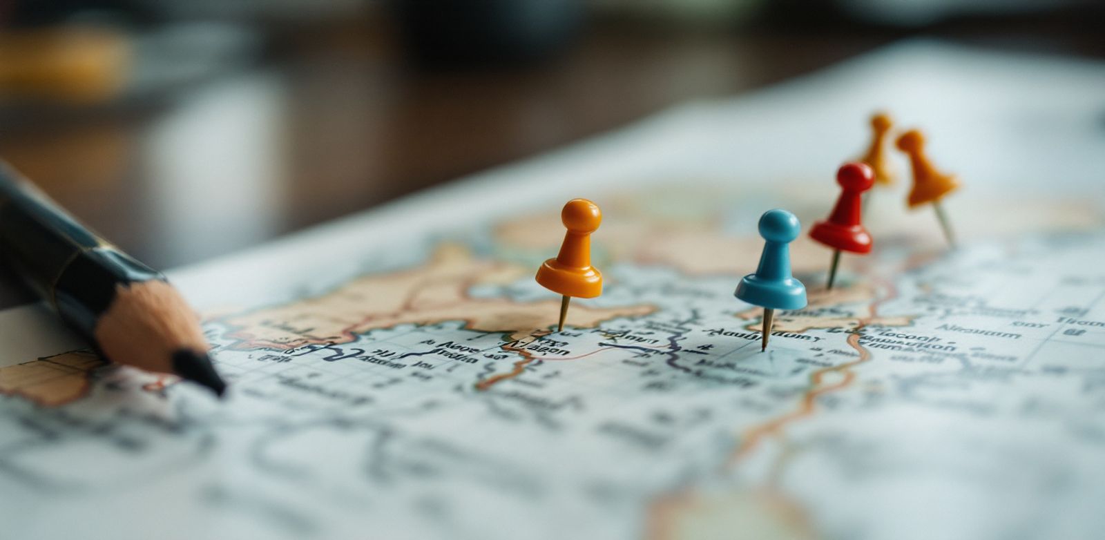 Colored map pins on a paper grid with blurred pencil marks.