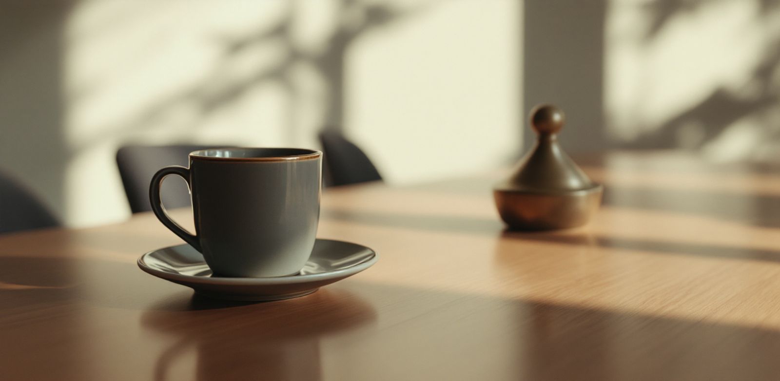 Conference table with a ceramic coffee cup and brass paperweight in afternoon light.