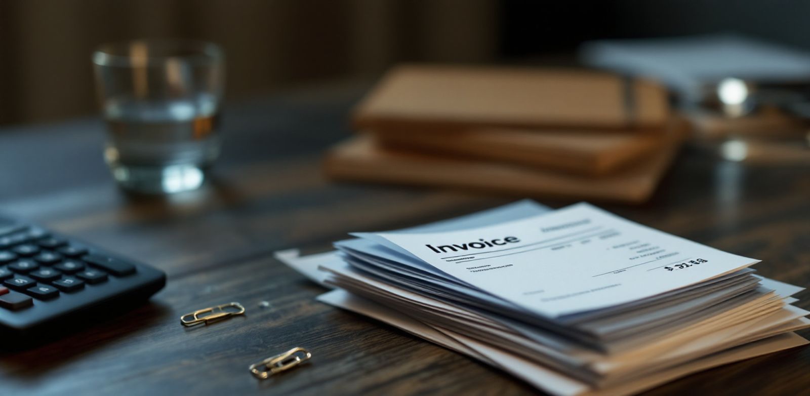 Sealed invoices beside a calculator and paper clips
