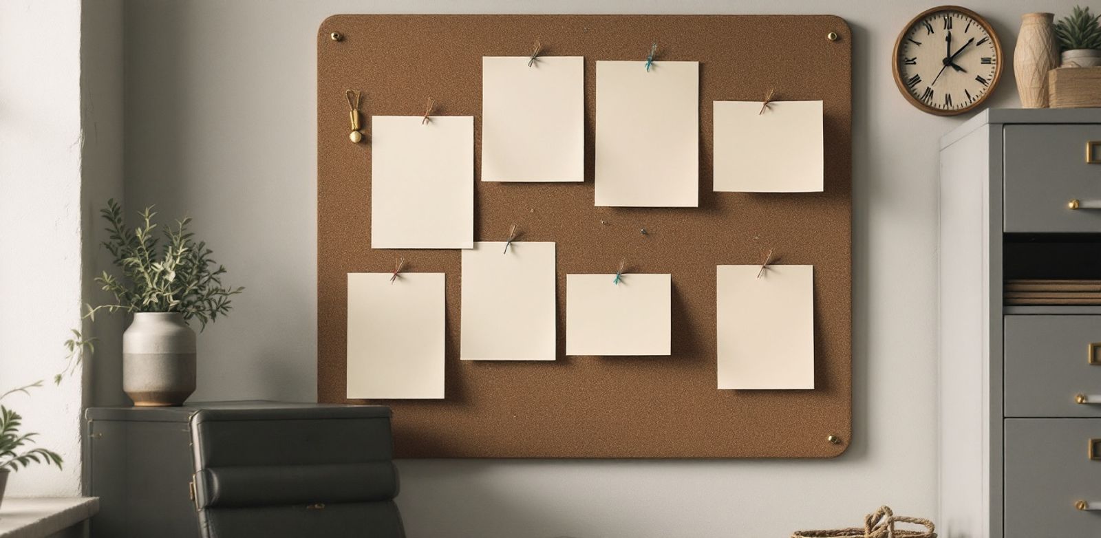 Blank cards connected with colored string on a corkboard beside a metal filing cabinet.